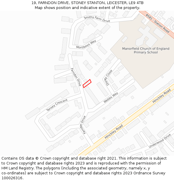 19, FARNDON DRIVE, STONEY STANTON, LEICESTER, LE9 4TB: Location map and indicative extent of plot