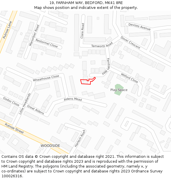 19, FARNHAM WAY, BEDFORD, MK41 8RE: Location map and indicative extent of plot