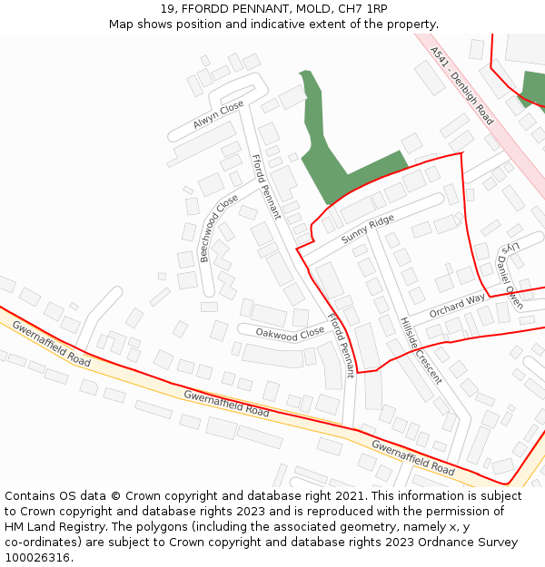 19, FFORDD PENNANT, MOLD, CH7 1RP: Location map and indicative extent of plot