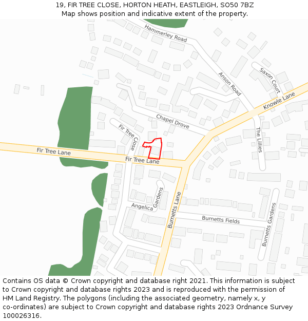 19, FIR TREE CLOSE, HORTON HEATH, EASTLEIGH, SO50 7BZ: Location map and indicative extent of plot