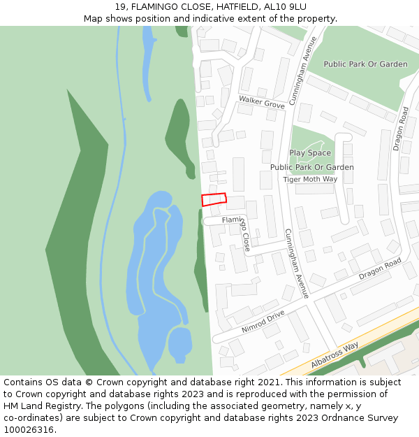 19, FLAMINGO CLOSE, HATFIELD, AL10 9LU: Location map and indicative extent of plot