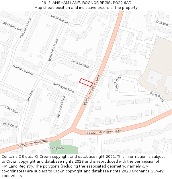 19, FLANSHAM LANE, BOGNOR REGIS, PO22 6AD: Location map and indicative extent of plot