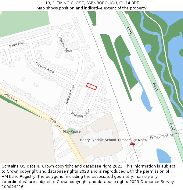 19, FLEMING CLOSE, FARNBOROUGH, GU14 8BT: Location map and indicative extent of plot