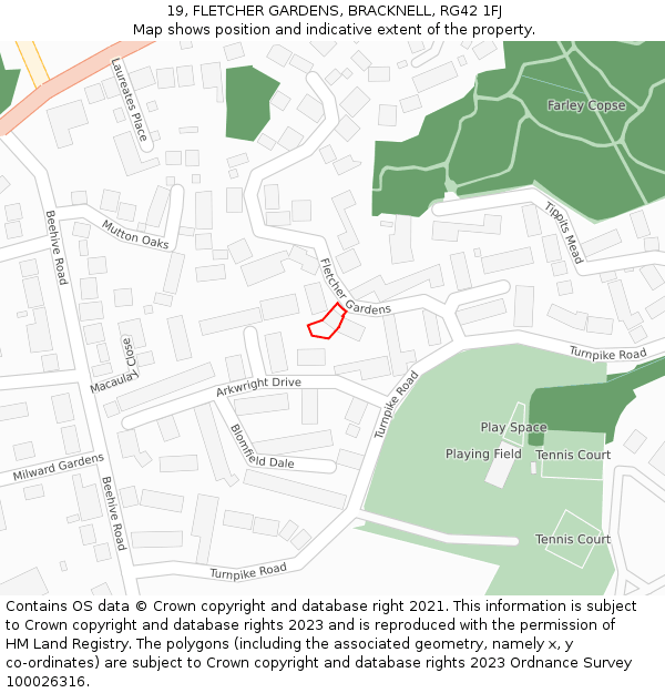 19, FLETCHER GARDENS, BRACKNELL, RG42 1FJ: Location map and indicative extent of plot