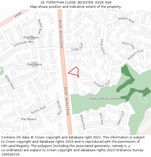 19, FORSYTHIA CLOSE, BICESTER, OX26 3GA: Location map and indicative extent of plot