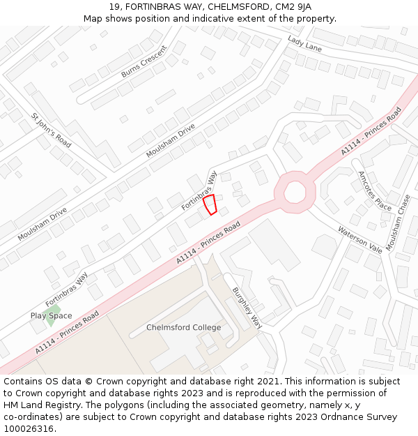 19, FORTINBRAS WAY, CHELMSFORD, CM2 9JA: Location map and indicative extent of plot