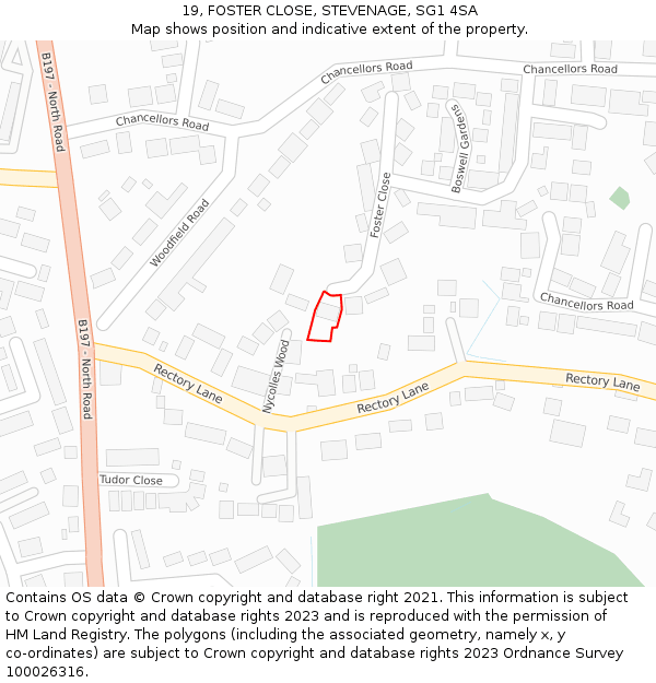 19, FOSTER CLOSE, STEVENAGE, SG1 4SA: Location map and indicative extent of plot