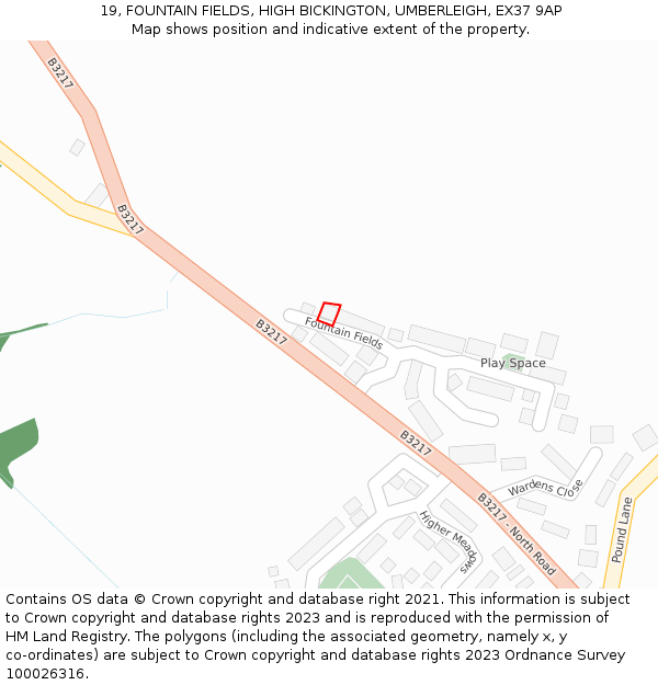 19, FOUNTAIN FIELDS, HIGH BICKINGTON, UMBERLEIGH, EX37 9AP: Location map and indicative extent of plot