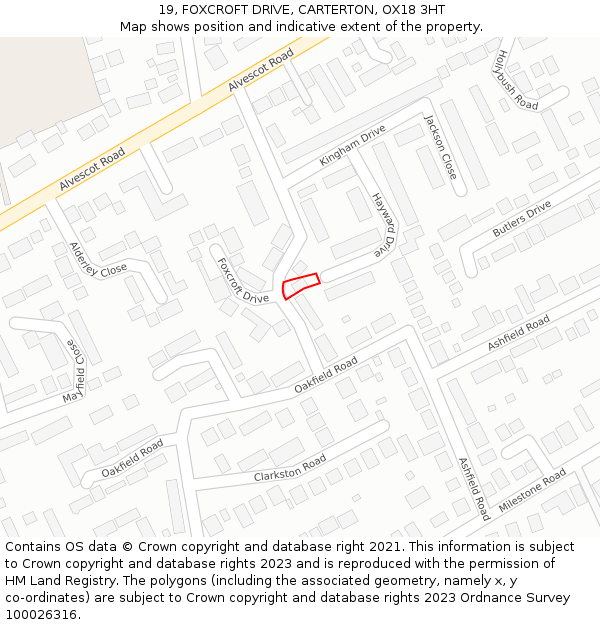 19, FOXCROFT DRIVE, CARTERTON, OX18 3HT: Location map and indicative extent of plot