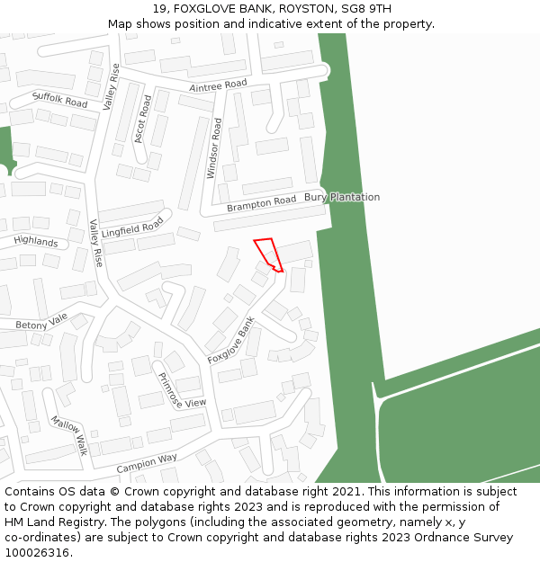 19, FOXGLOVE BANK, ROYSTON, SG8 9TH: Location map and indicative extent of plot