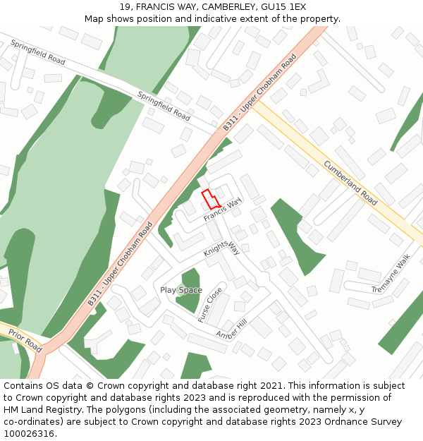 19, FRANCIS WAY, CAMBERLEY, GU15 1EX: Location map and indicative extent of plot