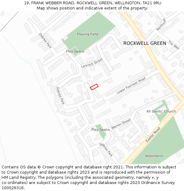 19, FRANK WEBBER ROAD, ROCKWELL GREEN, WELLINGTON, TA21 9RU: Location map and indicative extent of plot