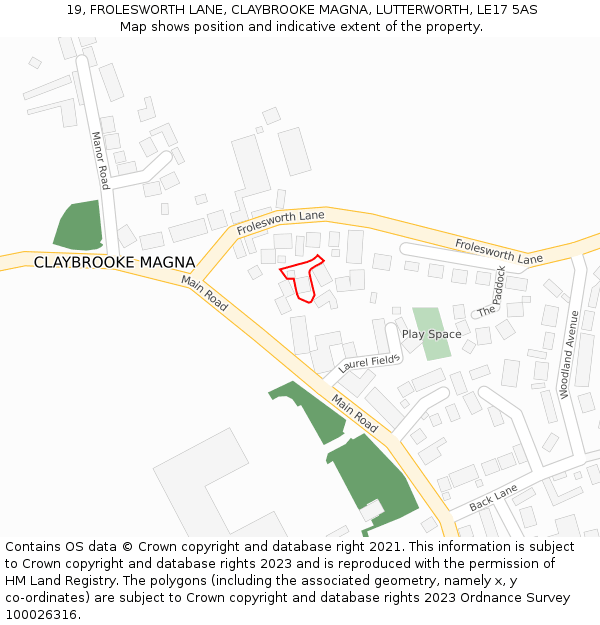 19, FROLESWORTH LANE, CLAYBROOKE MAGNA, LUTTERWORTH, LE17 5AS: Location map and indicative extent of plot