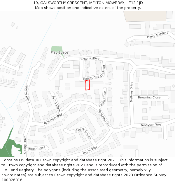 19, GALSWORTHY CRESCENT, MELTON MOWBRAY, LE13 1JD: Location map and indicative extent of plot