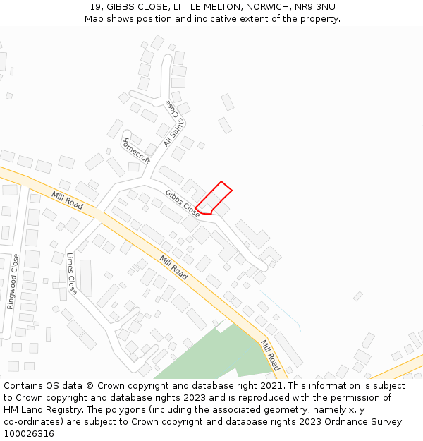 19, GIBBS CLOSE, LITTLE MELTON, NORWICH, NR9 3NU: Location map and indicative extent of plot