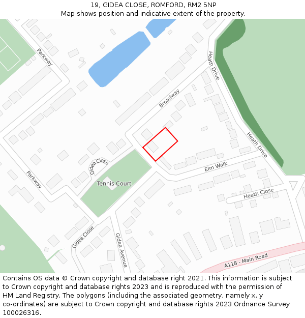 19, GIDEA CLOSE, ROMFORD, RM2 5NP: Location map and indicative extent of plot