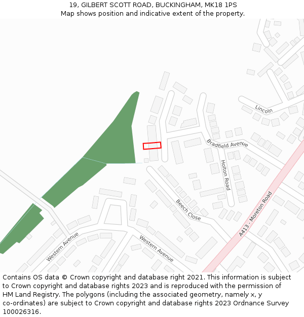 19, GILBERT SCOTT ROAD, BUCKINGHAM, MK18 1PS: Location map and indicative extent of plot