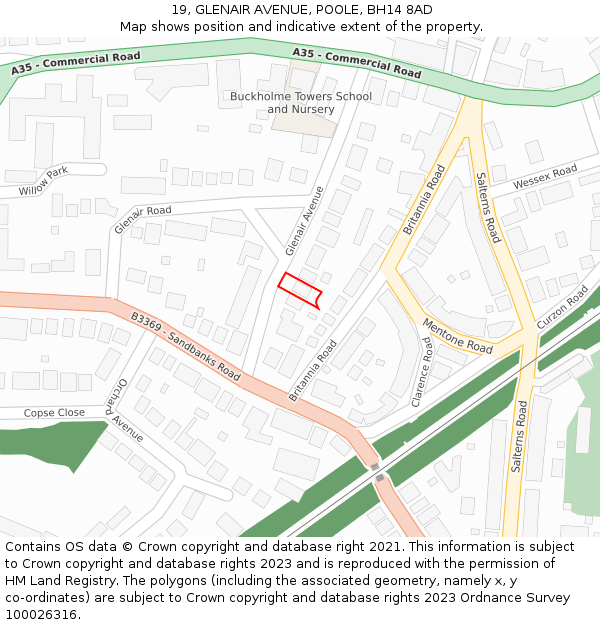 19, GLENAIR AVENUE, POOLE, BH14 8AD: Location map and indicative extent of plot