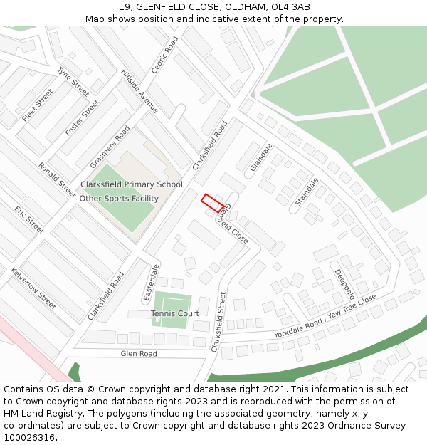 19, GLENFIELD CLOSE, OLDHAM, OL4 3AB: Location map and indicative extent of plot