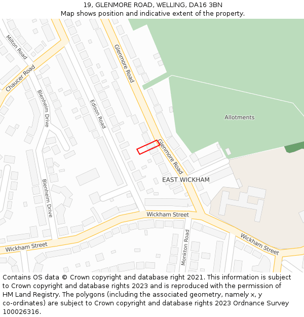 19, GLENMORE ROAD, WELLING, DA16 3BN: Location map and indicative extent of plot