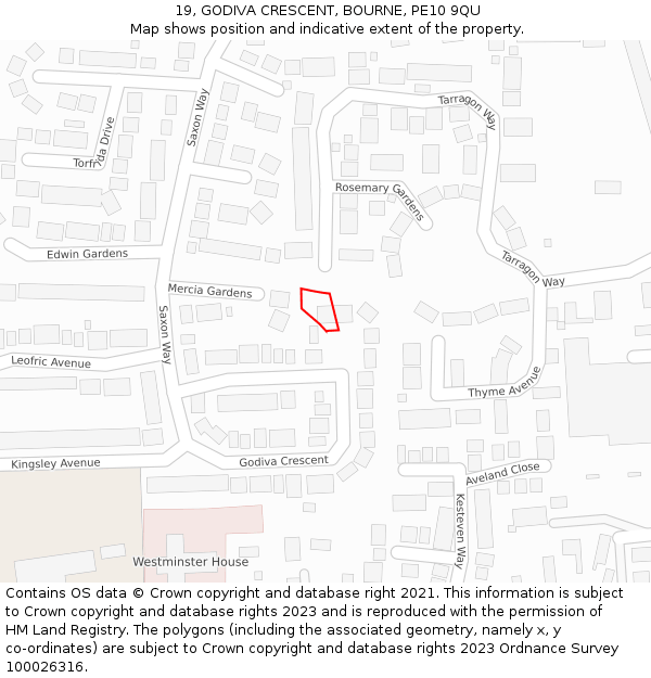 19, GODIVA CRESCENT, BOURNE, PE10 9QU: Location map and indicative extent of plot