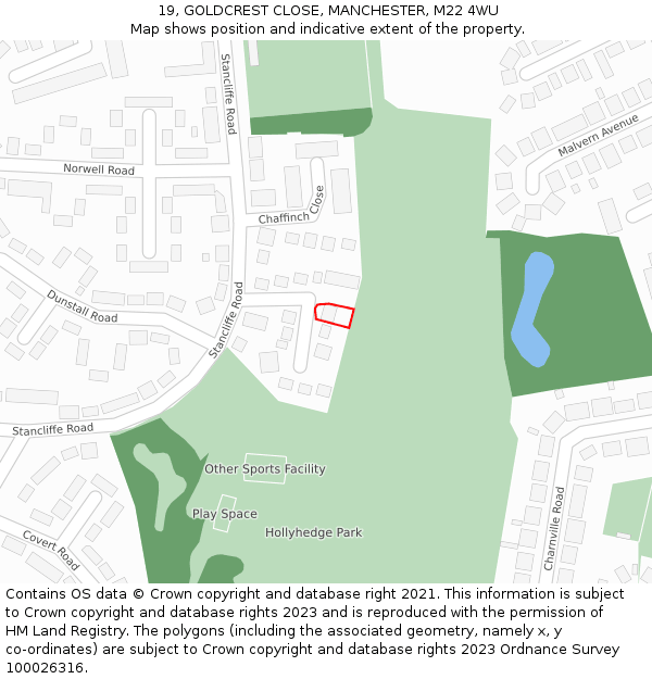 19, GOLDCREST CLOSE, MANCHESTER, M22 4WU: Location map and indicative extent of plot