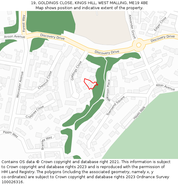 19, GOLDINGS CLOSE, KINGS HILL, WEST MALLING, ME19 4BE: Location map and indicative extent of plot