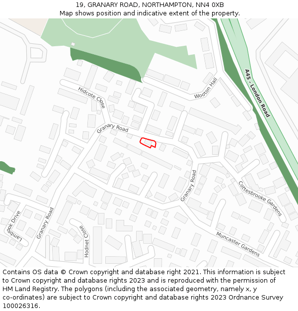 19, GRANARY ROAD, NORTHAMPTON, NN4 0XB: Location map and indicative extent of plot