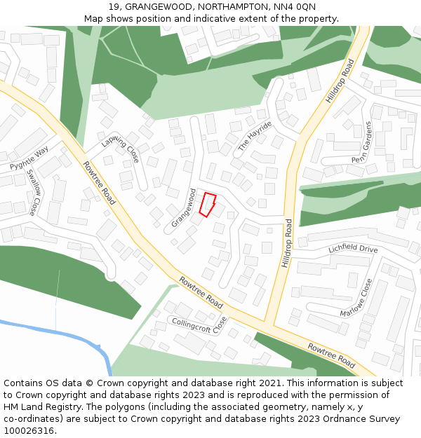 19, GRANGEWOOD, NORTHAMPTON, NN4 0QN: Location map and indicative extent of plot