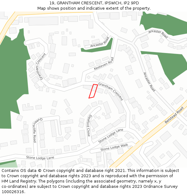 19, GRANTHAM CRESCENT, IPSWICH, IP2 9PD: Location map and indicative extent of plot