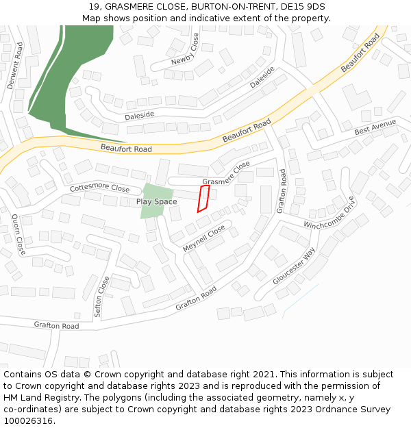 19, GRASMERE CLOSE, BURTON-ON-TRENT, DE15 9DS: Location map and indicative extent of plot