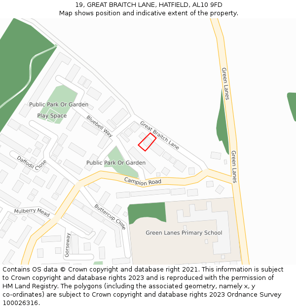 19, GREAT BRAITCH LANE, HATFIELD, AL10 9FD: Location map and indicative extent of plot