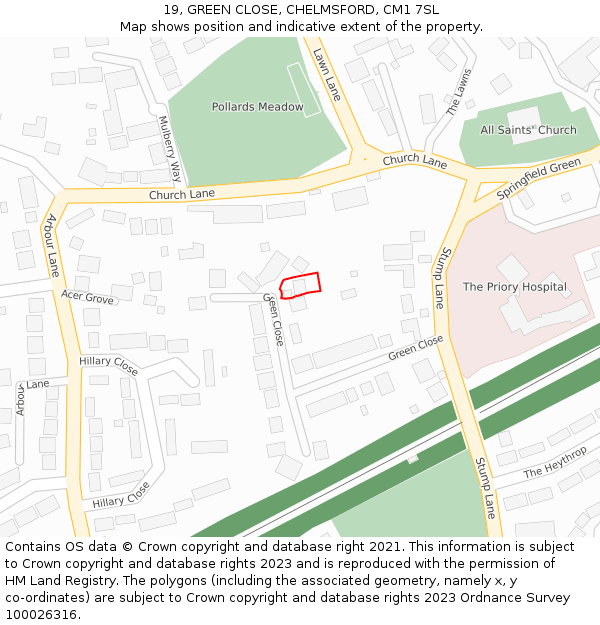 19, GREEN CLOSE, CHELMSFORD, CM1 7SL: Location map and indicative extent of plot