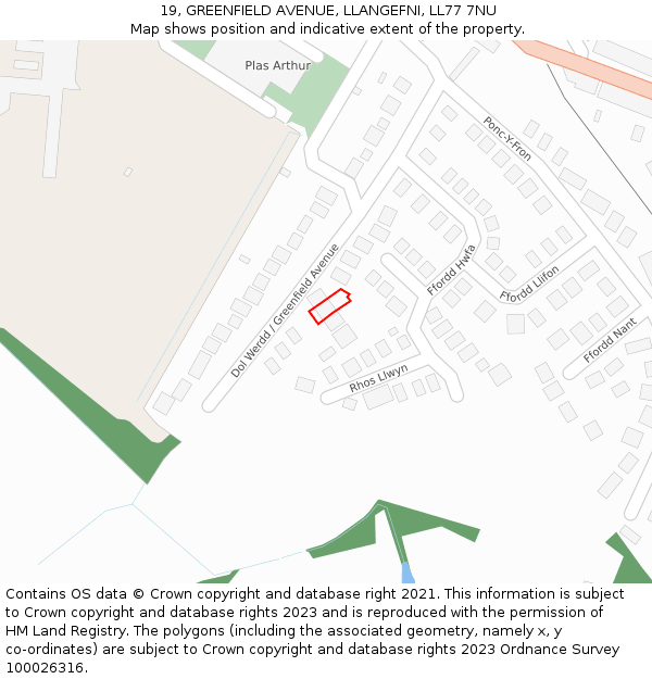 19, GREENFIELD AVENUE, LLANGEFNI, LL77 7NU: Location map and indicative extent of plot