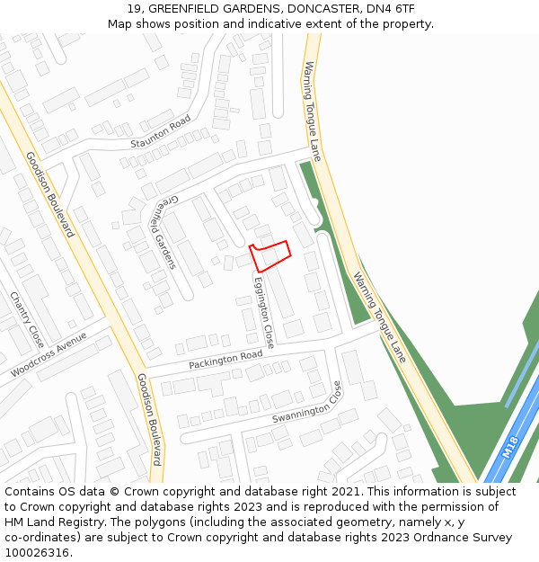 19, GREENFIELD GARDENS, DONCASTER, DN4 6TF: Location map and indicative extent of plot