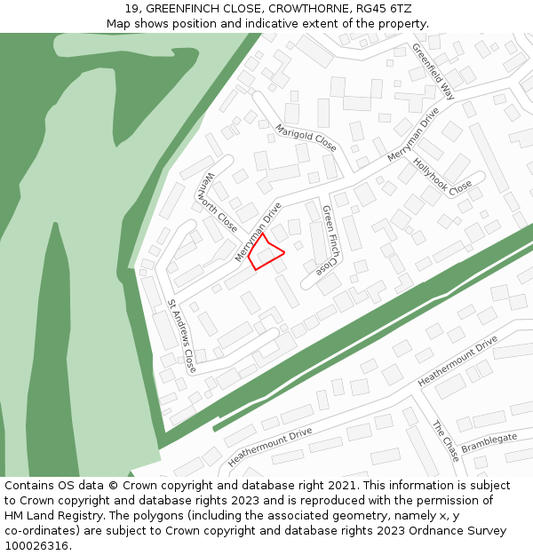 19, GREENFINCH CLOSE, CROWTHORNE, RG45 6TZ: Location map and indicative extent of plot