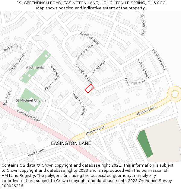 19, GREENFINCH ROAD, EASINGTON LANE, HOUGHTON LE SPRING, DH5 0GG: Location map and indicative extent of plot