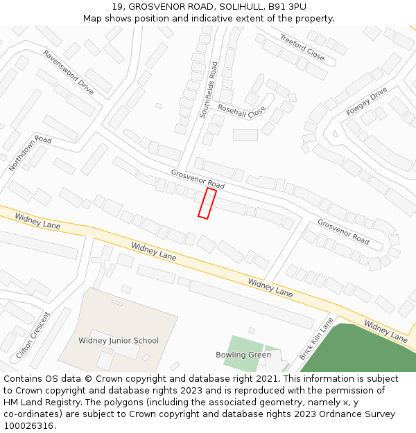 19, GROSVENOR ROAD, SOLIHULL, B91 3PU: Location map and indicative extent of plot