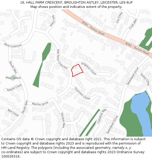 19, HALL FARM CRESCENT, BROUGHTON ASTLEY, LEICESTER, LE9 6UF: Location map and indicative extent of plot