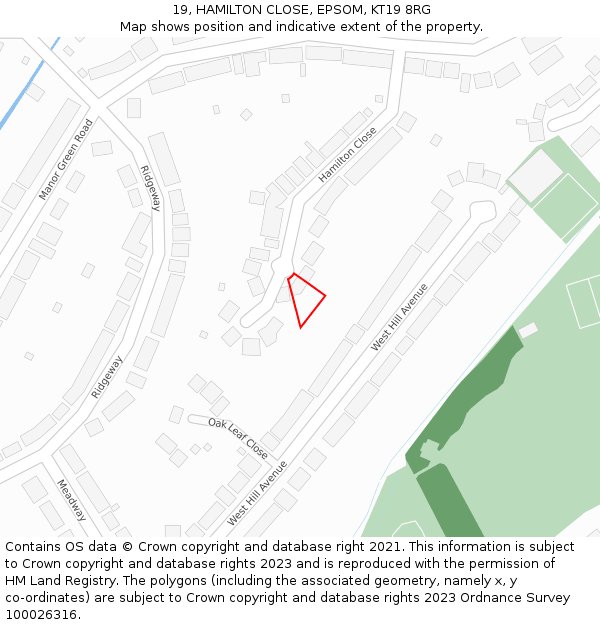 19, HAMILTON CLOSE, EPSOM, KT19 8RG: Location map and indicative extent of plot