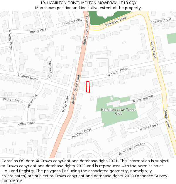 19, HAMILTON DRIVE, MELTON MOWBRAY, LE13 0QY: Location map and indicative extent of plot