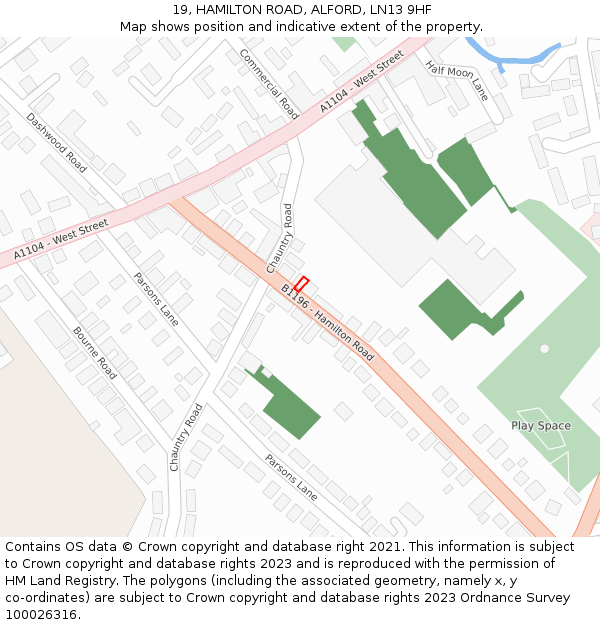 19, HAMILTON ROAD, ALFORD, LN13 9HF: Location map and indicative extent of plot