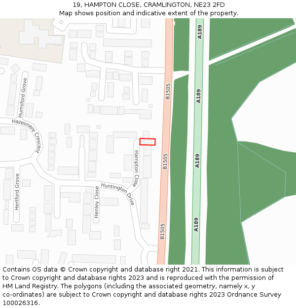 19, HAMPTON CLOSE, CRAMLINGTON, NE23 2FD: Location map and indicative extent of plot