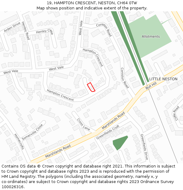 19, HAMPTON CRESCENT, NESTON, CH64 0TW: Location map and indicative extent of plot