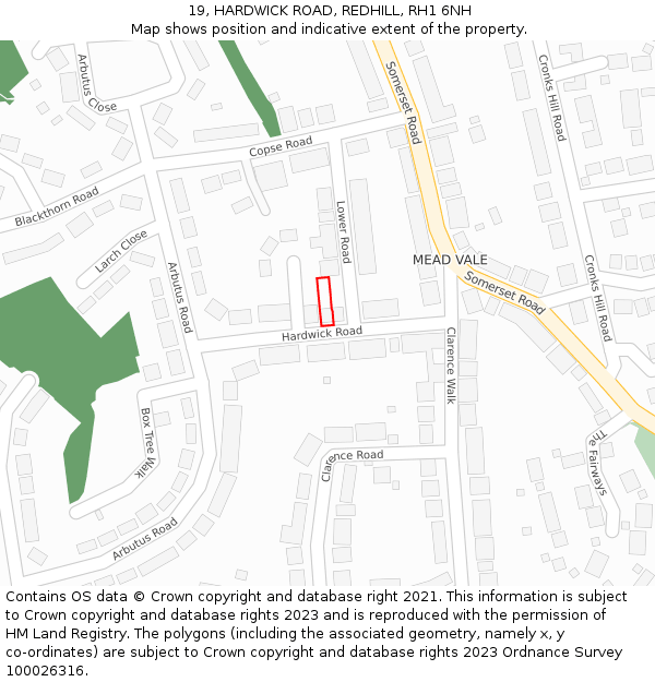 19, HARDWICK ROAD, REDHILL, RH1 6NH: Location map and indicative extent of plot