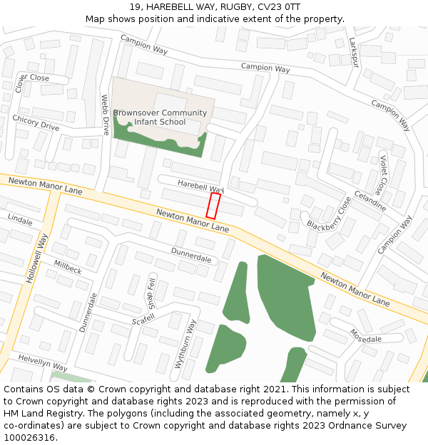 19, HAREBELL WAY, RUGBY, CV23 0TT: Location map and indicative extent of plot