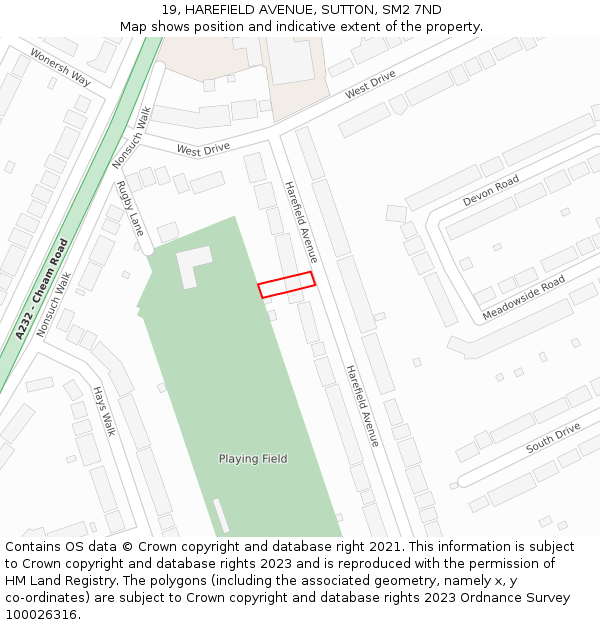 19, HAREFIELD AVENUE, SUTTON, SM2 7ND: Location map and indicative extent of plot