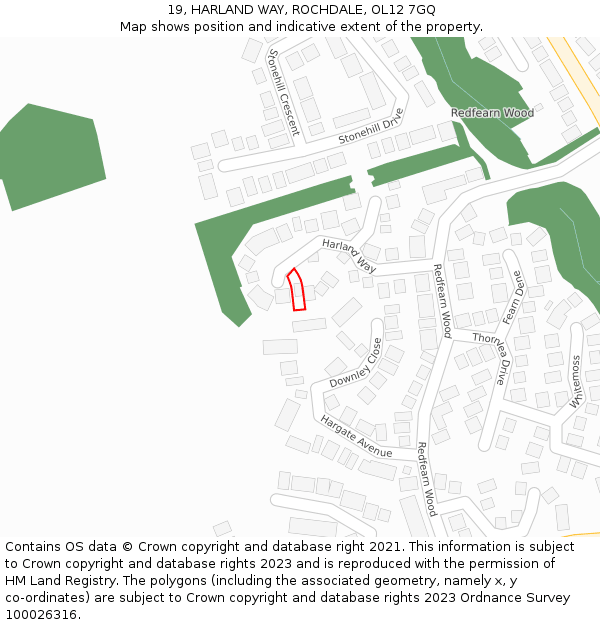 19, HARLAND WAY, ROCHDALE, OL12 7GQ: Location map and indicative extent of plot