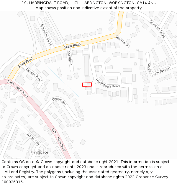 19, HARRINGDALE ROAD, HIGH HARRINGTON, WORKINGTON, CA14 4NU: Location map and indicative extent of plot