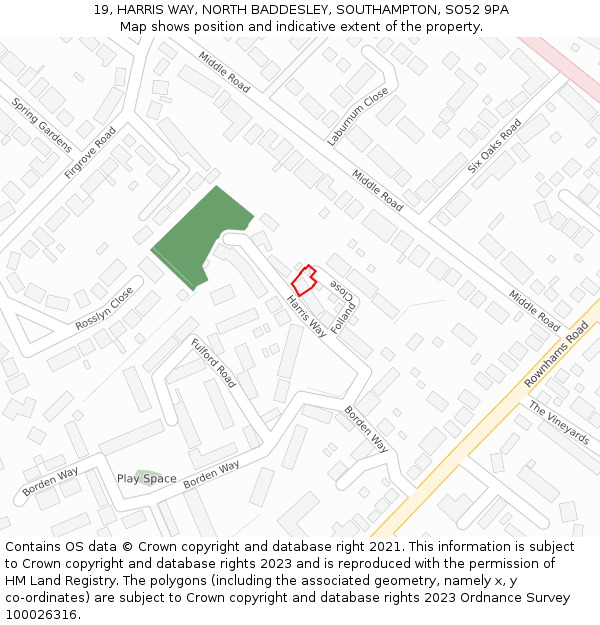 19, HARRIS WAY, NORTH BADDESLEY, SOUTHAMPTON, SO52 9PA: Location map and indicative extent of plot